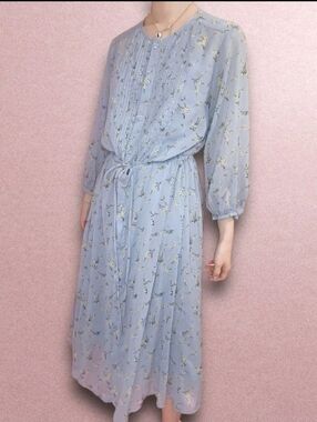 Uniqlo Chiffon Cornflower Floral Sheer Blue Dress